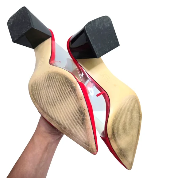 Zara Chunky Block Heeled Mules Vinyl Red High Heels Sexy Business Chic Size US 9 - Picture 6 of 12